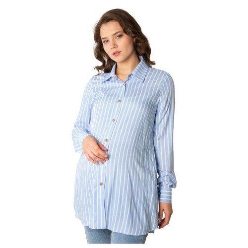 фото Рубашка для кормления мамуля красотуля, классический стиль, оверсайз, длинный рукав, манжеты, карманы, в полоску, размер 50 (xl), белый, голубой