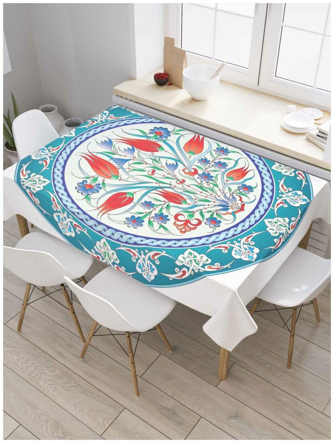 Скатерть прямоугольная JoyArty на кухонный стол "Цветущая тарелка" из оксфорда, 120x145 см