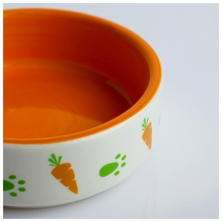 Миска керамическая для грызунов двухцветная с морковками, 80мл, 8,8х8,8х3 см, оранжево-белая 3933105