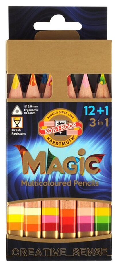 Карандаши многоцветные Koh-I-Noor jumbo MAGIC 3404, 12 штук, с ластиком и точилкой, в картонной упаковке, с европодвесом