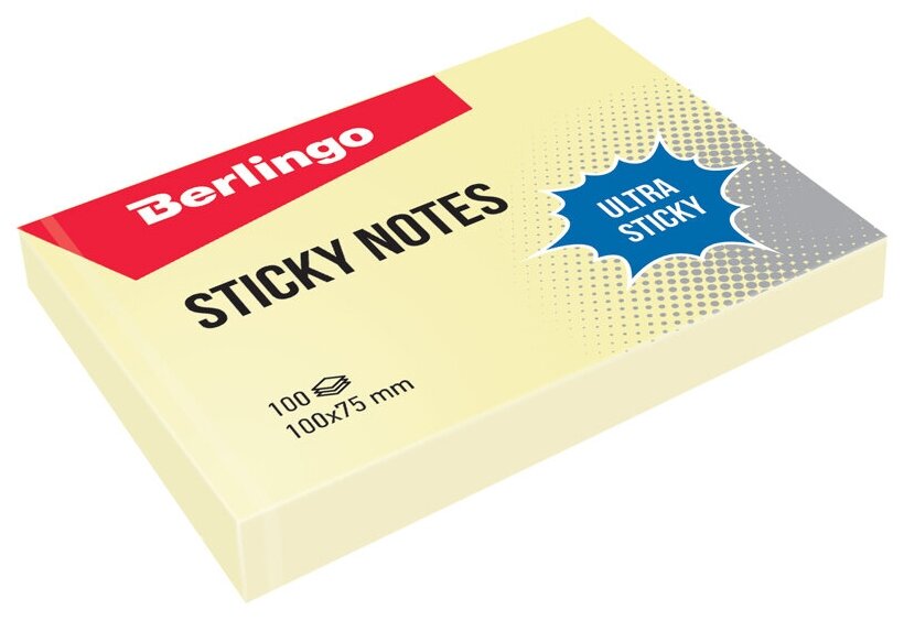 Стикеры (самоклеящийся блок) Berlingo Ultra Sticky, 100x75мм, желтый пастель, 100 листов (LSn_39500)