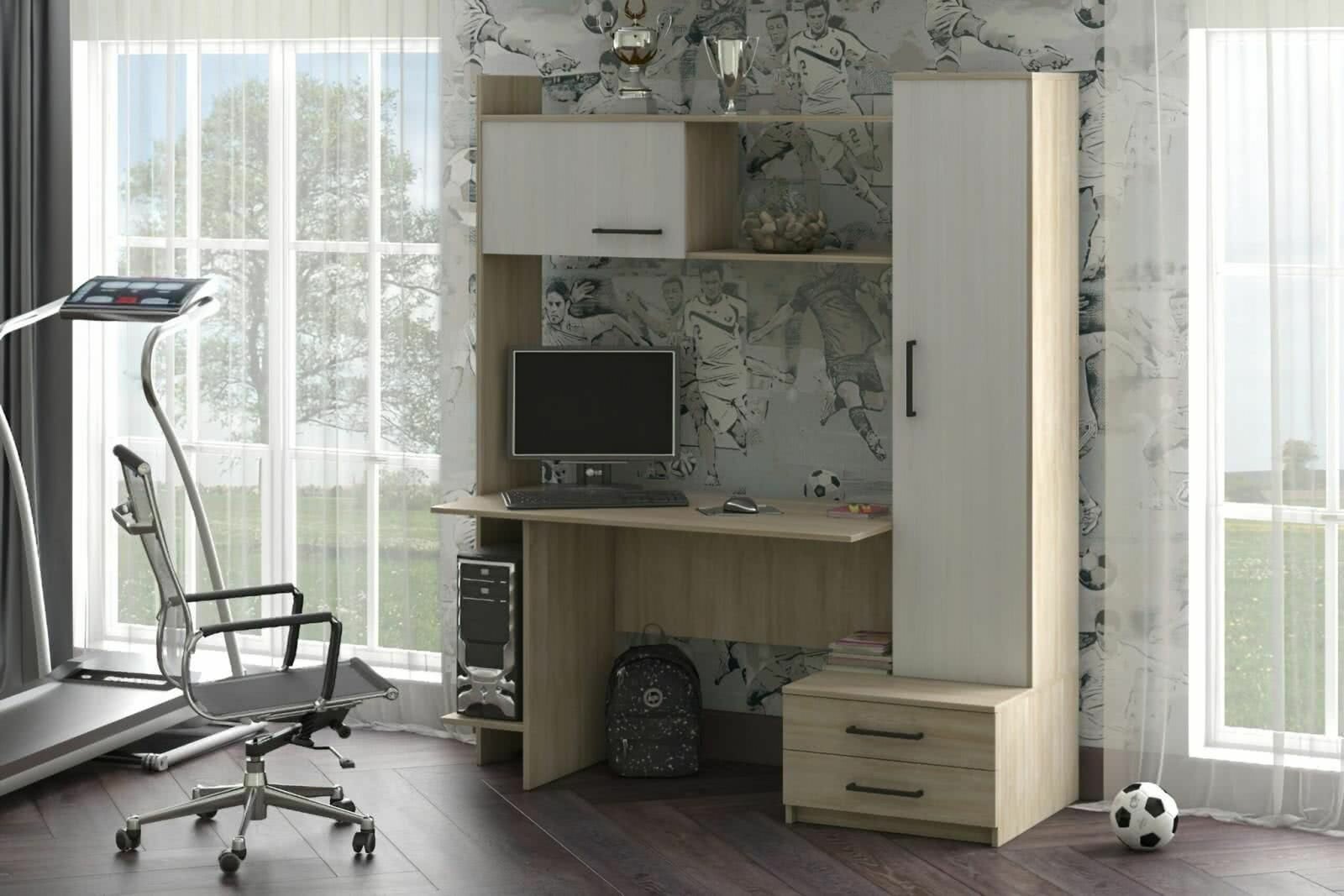 фото Компьютерный стол Интел-16, Дуб Сонома/Анкор Светлый, ЛДСП, с полками, ящиками, для гостиной, спальни, детской, кабинета,1590х600х1860, атлант