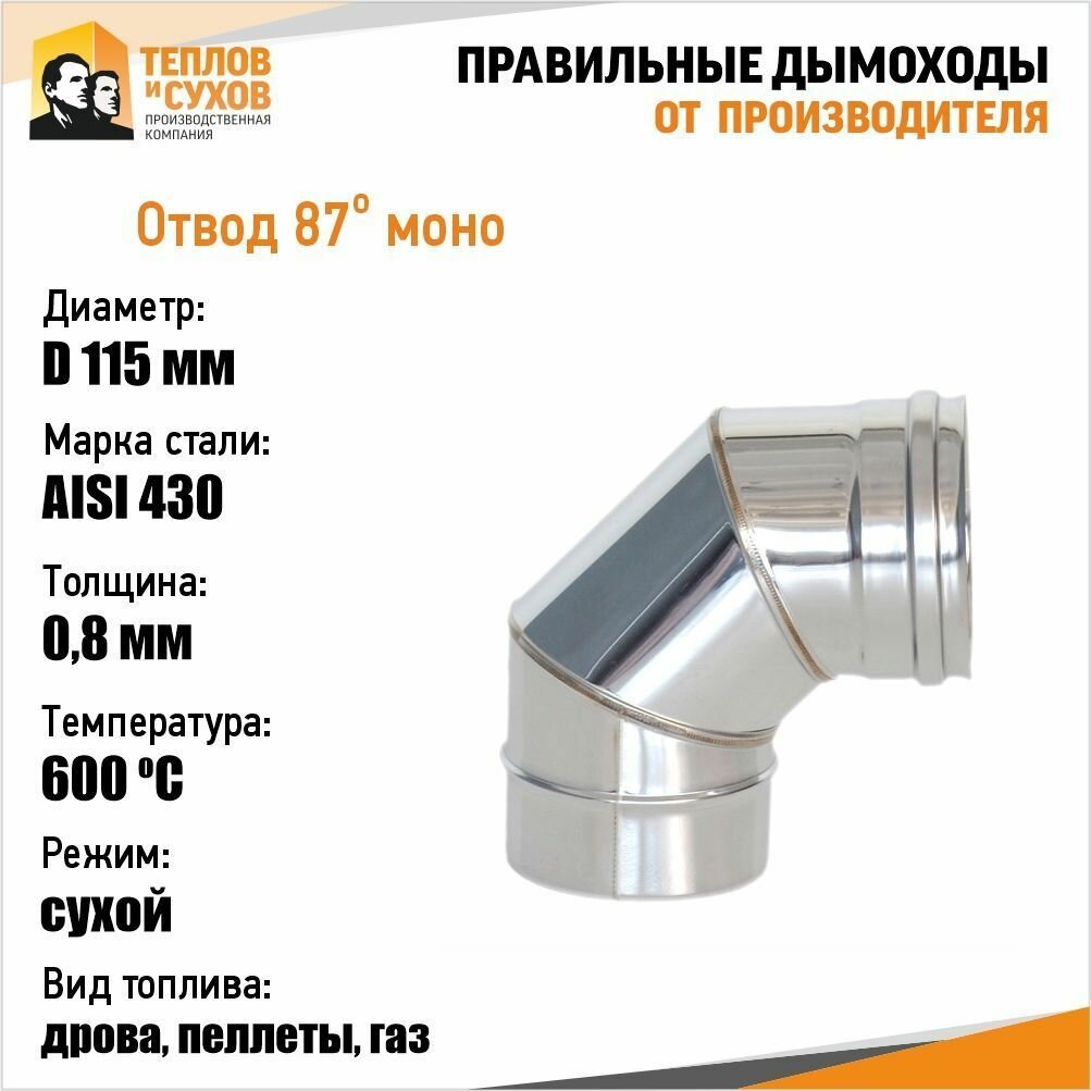 Отвод колено на трубу дымохода ф115 из нержавейки 0.8мм 90 градусов Теплов и Сухов