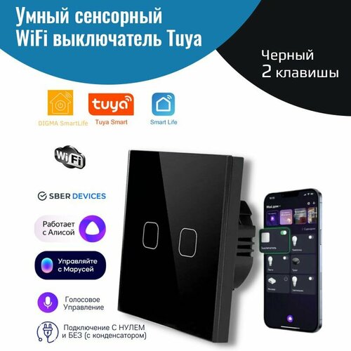 Умный сенсорный WiFi выключатель черный 2 клавиши умный дом работает с Яндекс Алисой голосовое управление 1650₽