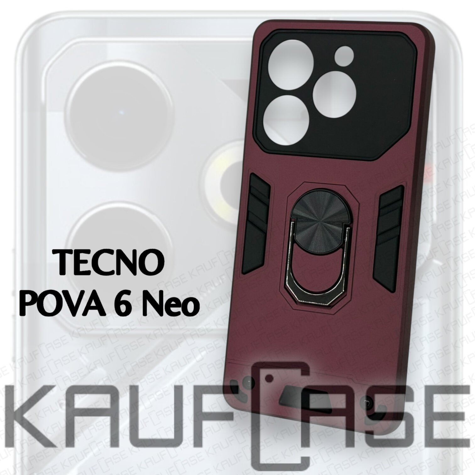 Противоударный чехол на Tecno Pova 6 NEO (6.78"), бордовый. Кольцо-держатель и магнитное крепление, яркие пластиковые защитные вставки