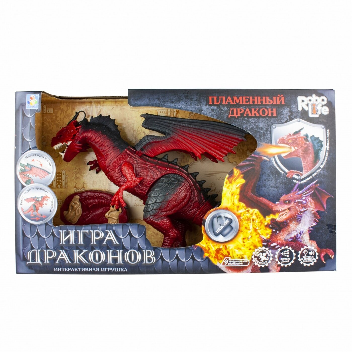 Интерактивная игрушка 1Toy Пламенный дракон, 3хАА в комплект входят, на ИК пульте, 3хАА в комплект не входят, свет, звук, движение, парогенератор (Т16702)