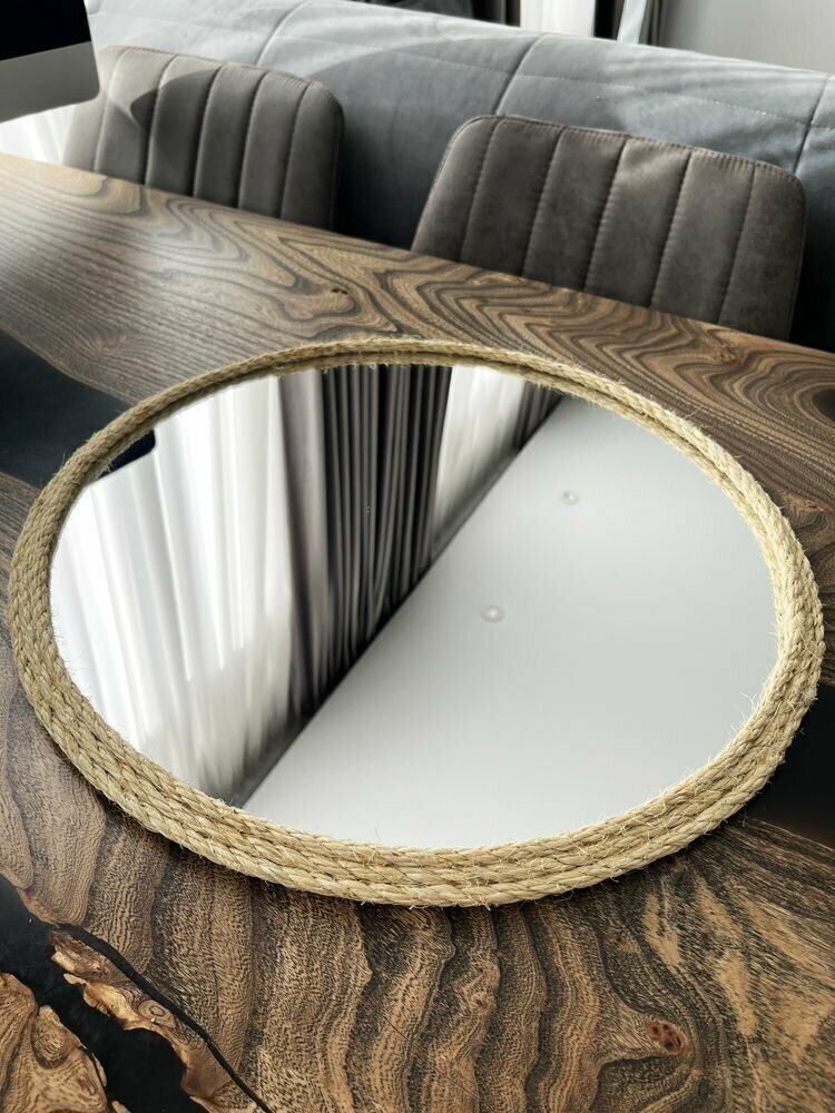 Круглое зеркало в раме из сизалевой веревки 600 мм - фотография № 2