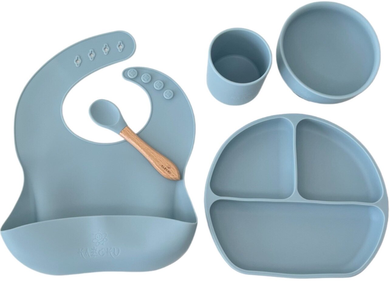 Набор детской силиконовой посуды для детей KAZOKU Пыльно-Голубой