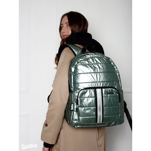 фото Рюкзак стеганый svjb-rts-591 seventeen, оливковый сатин, размер: 40 x 28 x 14 см, женский.