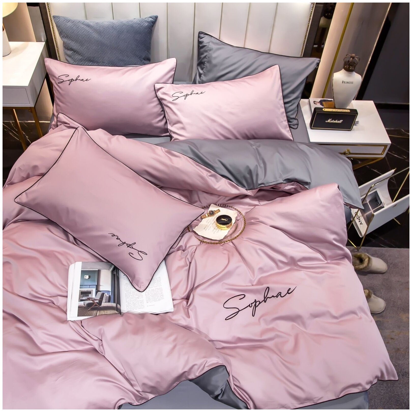 Комплект постельного белья Полуторка (1.5-ка) Winni Жатка Сатин на резинке - Розовое Серое