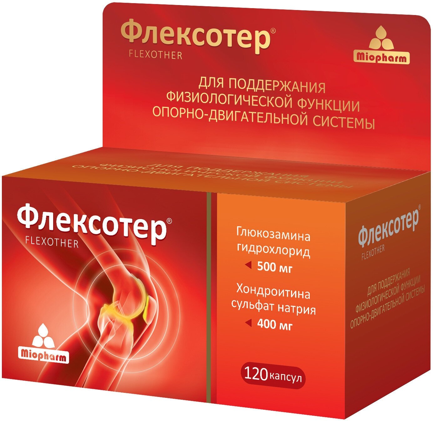 Флексотер хондроитин 400мг + глюкозамин 500мг 120 капс. Суппорт колена. Для суставов и связок. Хондропротектор.