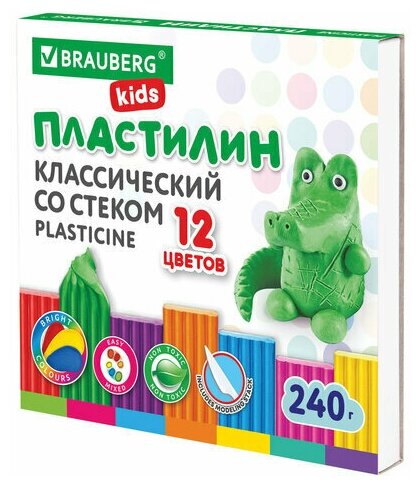 Пластилин классический BRAUBERG KIDS, 12 цветов, 240 г, стек, высшее качество, 106436