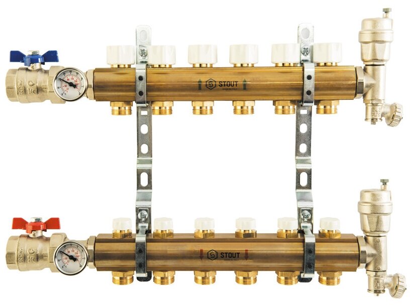 STOUT Распределительный коллектор из латуни без расходомеров 7 выходов