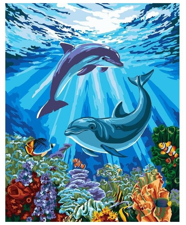Картина по номерам на холсте с подрамником "Дельфины-друзья" 40*50 см