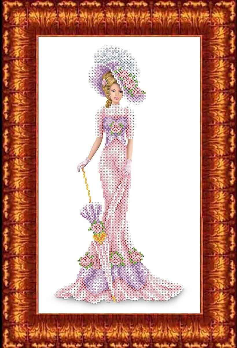Ткань-схема для вышивки бисером и крестом "Дама в розовом"(цена производителя)24х39см. Каролинка