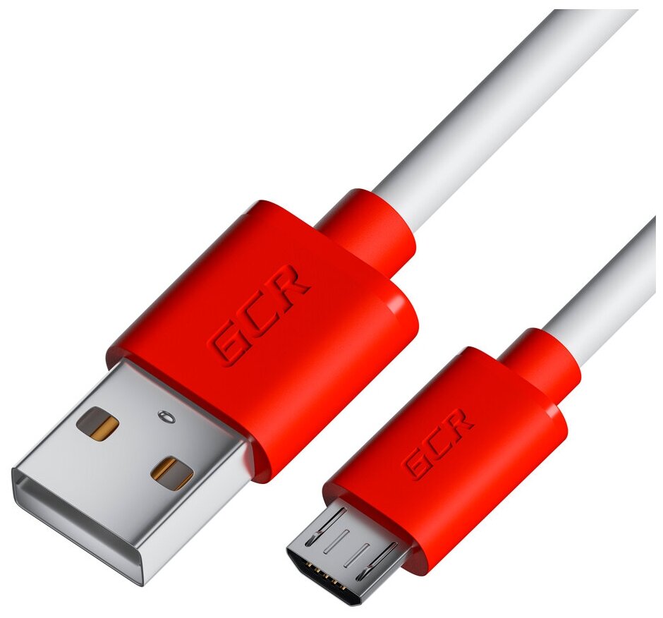 GCR Кабель 1.5m MicroUSB, белый, красные коннекторы, быстрая зарядка, 28/24 AWG