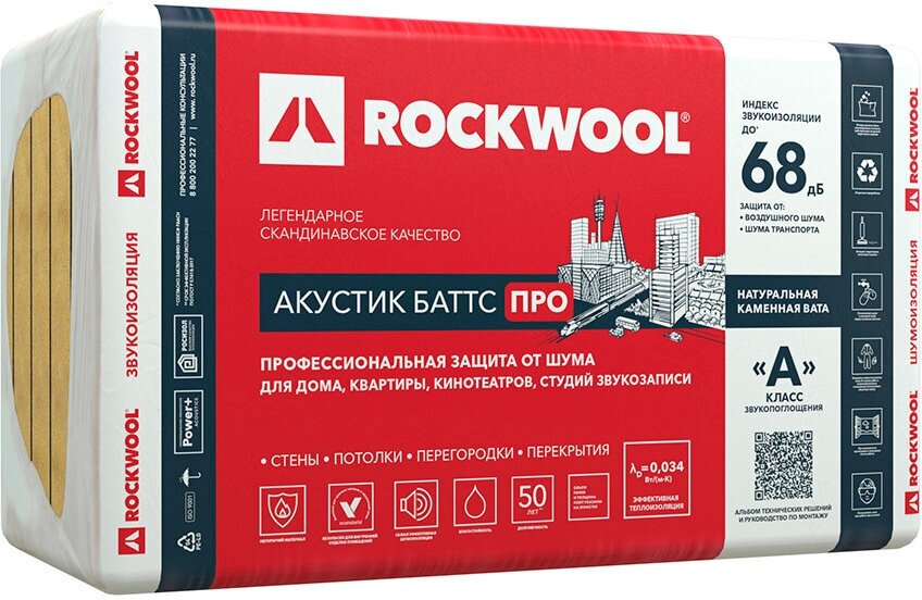 Шумоизоляция Rockwool Акустик Баттс Про 50х600х1000 мм 4.8 кв. м