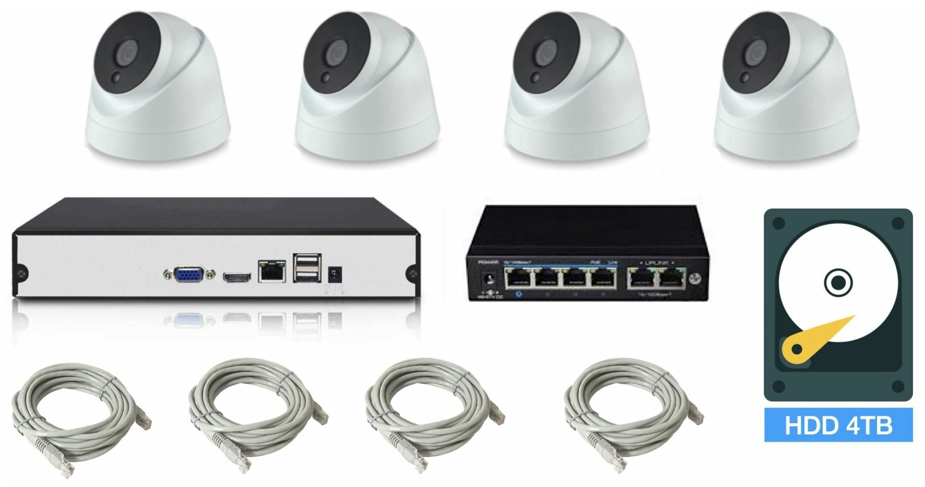 Полный IP POE комплект видеонаблюдения на 4 камеры (KIT4IPPOEIP10PD3MP_HDD4TB)