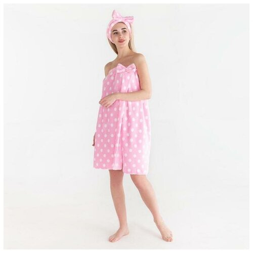 Набор для бани и ванной Этель "Горох" полотенце-парео 75*120 см+повязка, цв. розовый