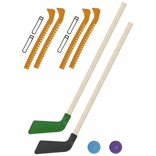 Детский хоккейный набор для игр на улице, свежем воздухе для зимы для лета 2 Клюшки хоккейных зелёная и чёрная 80 см.+2 шайбы + Чехлы для коньков желтые - 2 шт.