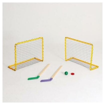 Хоккейный набор: 2 клюшки, 2 ворот с сеткой, шайба, мячик, в коробке, микс 5493899 .