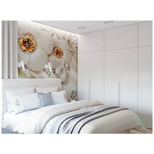 Фотообои WonderWall 3D Серебряные цветы 4,5х2,8 м обои для кухни, 3д эффект, в спальню, гостиную