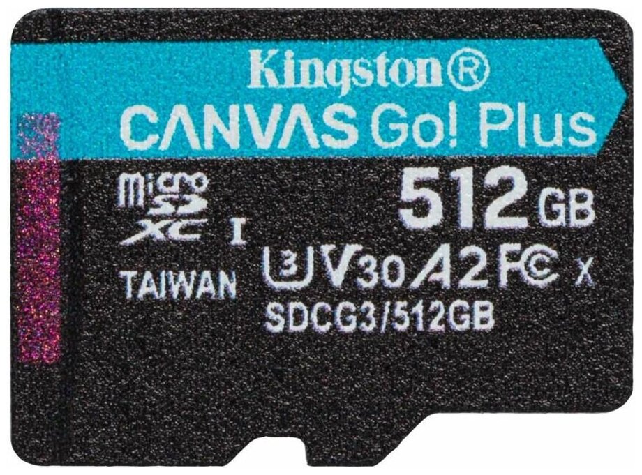 Карта памяти microSDXC UHS-I U3 Kingston Canvas Go! Plus 512 ГБ, 170 МБ/с, Class 10, SDCG3/512GBSP, 1 шт, переходник без адаптера