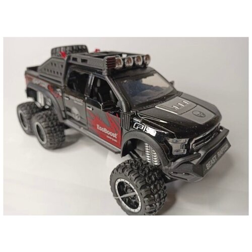 Коллекционная машинка игрушка металлическая Ford Raptor F150 6x6 с дымом для мальчиков масштабная модель 1:24 черная