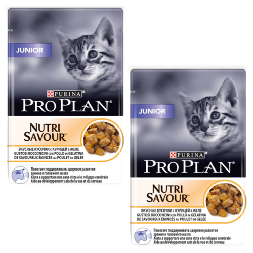 pro plan junior д котят с курицей 10кг Влажный корм для котят Pro Plan Nutrisavour, курица 2 шт. х 85 г (кусочки в желе)