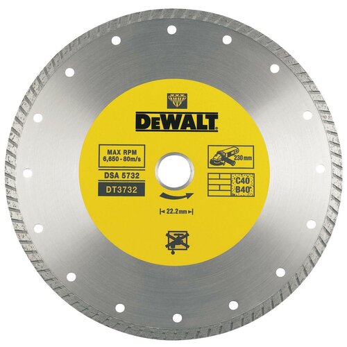 фото Dewalt диск алмазный 230х22,2х2,6 turbo универсальный для ушм, высота сегмента 7мм dt3732 dewalt