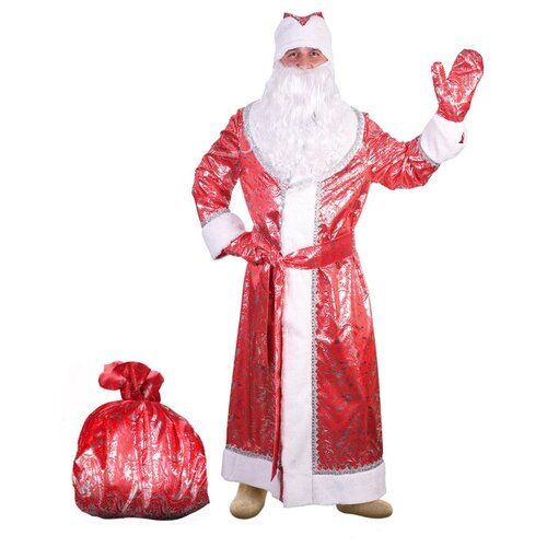 фото Страна карнавалия карнавальный костюм "дед мороз серебристый", атлас, шуба, шапка, пояс, варежки, борода, мешок, р- р 52-54