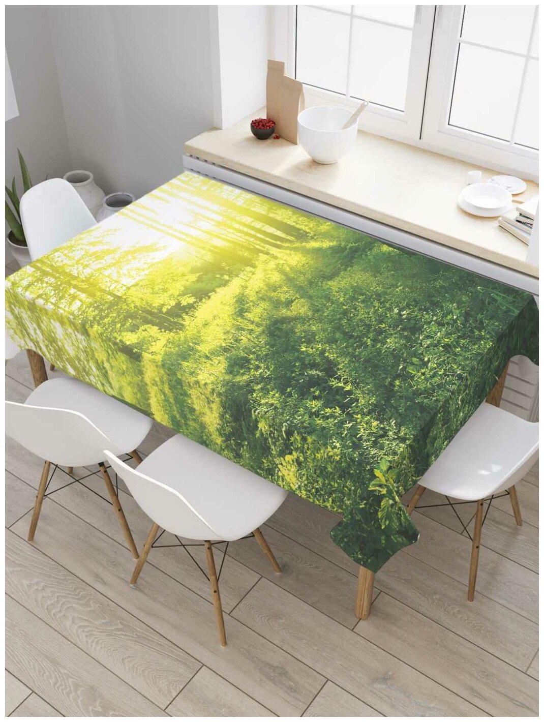 Скатерть прямоугольная JoyArty на кухонный стол "Лес в лучах солнца" из оксфорда, 180x145 см