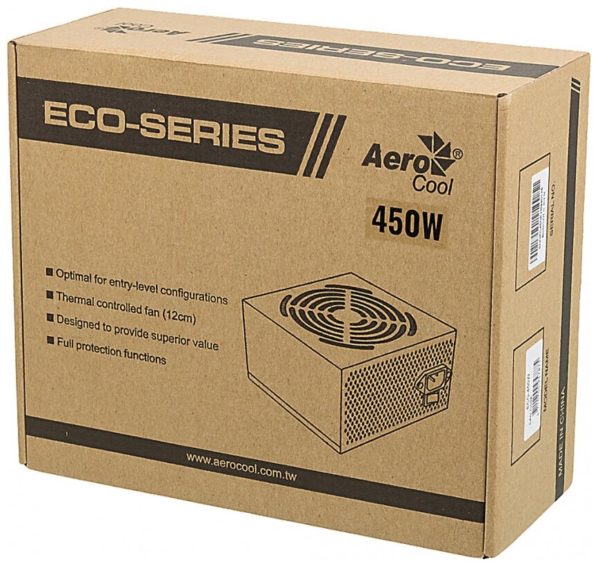 Блок питания Aerocool ATX 450W ECO-450 (20+4pin) 120mm fan 2xSATA RTL