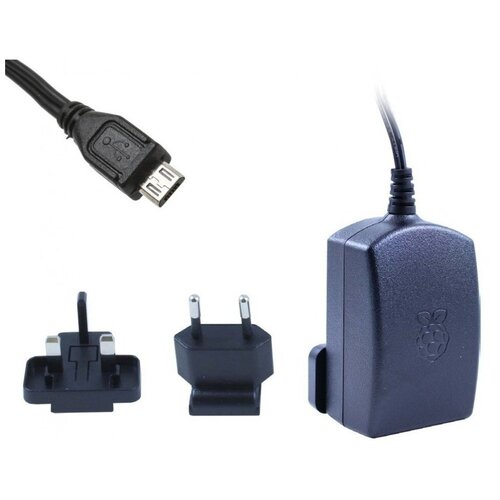 Raspberry Официальный (оригинальный) адаптер блок питания для Raspberry Pi 5.1В / 2.5А с кабелем micro USB 1.5 м, черный, T6143DV (123-5272 / 43765)
