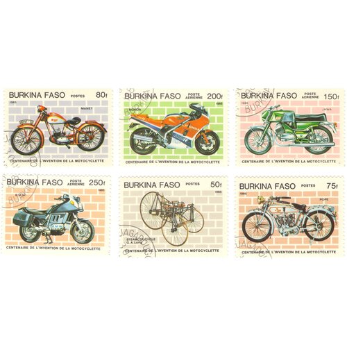 Набор почтовых марок Буркина-Фасо, серия мотоциклы, 6 шт, гашёные, 1985 г. в. набор почтовых марок кампучии серия мотоциклы 6 шт гашёные 1985 г в