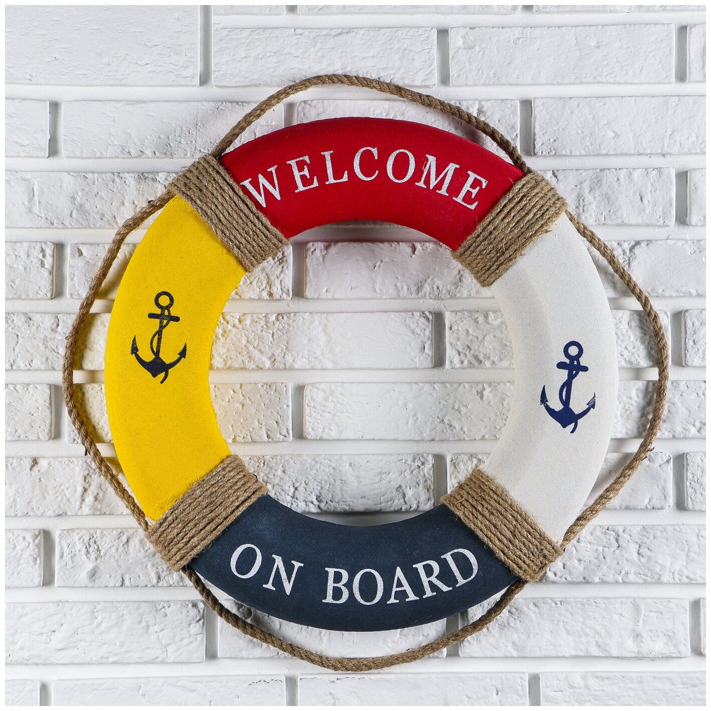 Спасательный круг с бечевкой "Welcome on board", якори, 7*50*50 см, разноцветный