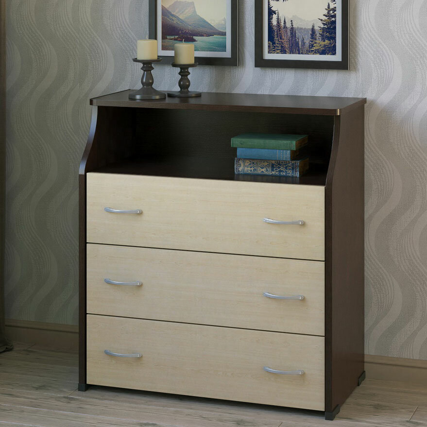 фото Широкий комод с 3 ящиками и открытой нишей вверху МагМебель Квант-31#Н венге, дуб молочный