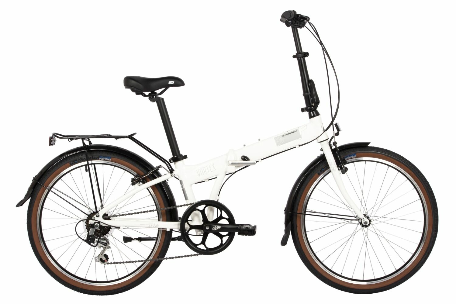 Велосипед Novatrack Vortex 6. V 24" (2024) (Велосипед NOVATRACK 24" VORTEX белый, складной алюм. Shimano 6 speed, стальная вилка, вынос, алюм. р)