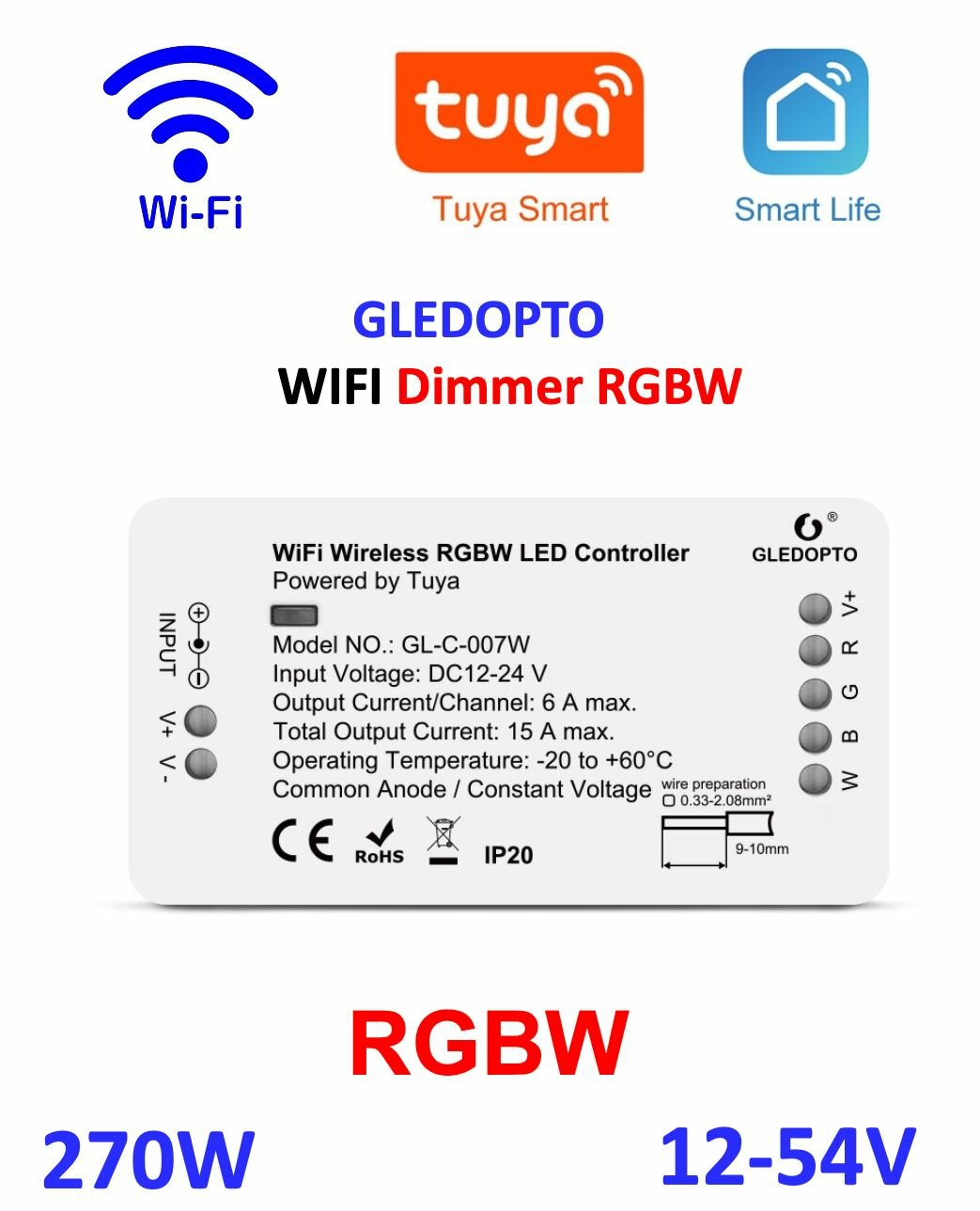 Wi-fi Tuya диммер для светодиодной ленты 12-54V Gledopto RGBW