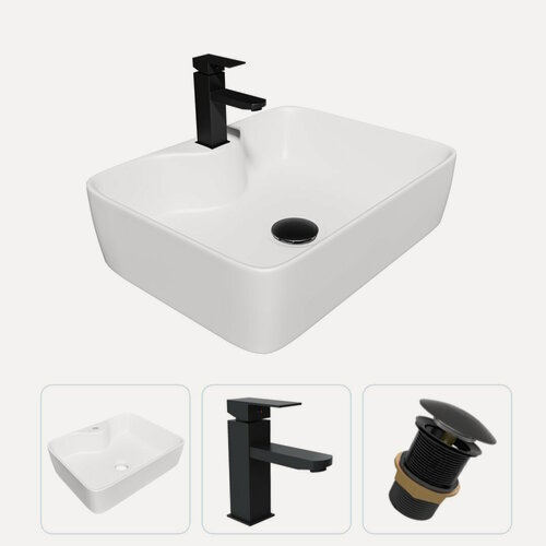 Изображение товара Раковина накладная для ванной Teymi Helmi S 48 в комплекте смеситель черный матовый и донный клапан клик-клак без перелива черный F07704