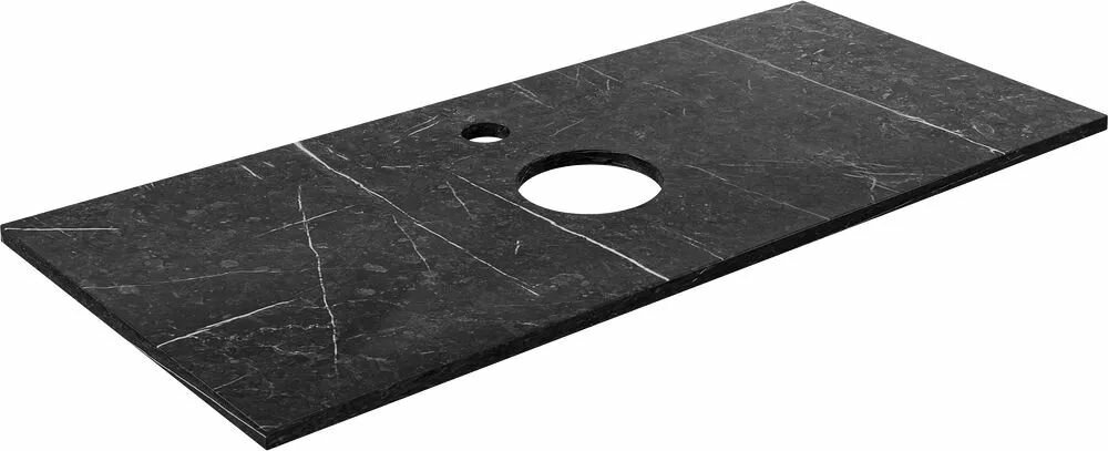 фото Столешница в ванную под раковину и стиральную машину из керамогранита, черный мрамор, 1200*510, отверстие по центру, без кронштейнов.