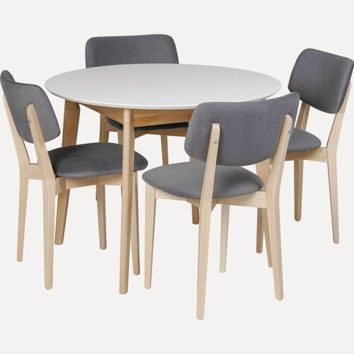 Изображение товара Обеденная группа стол раскладной Норден D100(130) х 100 см, Белый/Натуральный и 4 стула Мэти Натуральный/Серый велюр