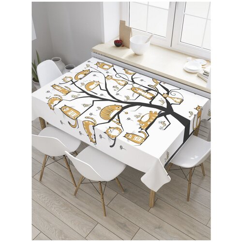 Скатерть прямоугольная JoyArty на кухонный стол "Кошачье дерево" из оксфорда, 180x145 см черный, коричневый, серый