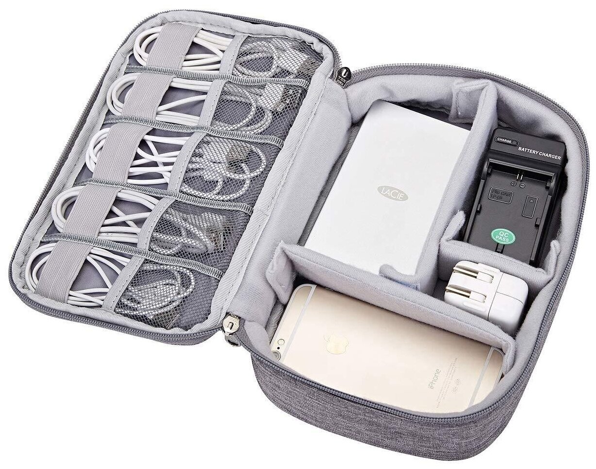 Органайзер для хранения проводов и зарядок, сумка для кабелей и аксессуаров для электроники, глубокий, серый, Universal-Sale
