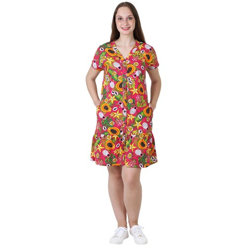 Женский сарафан Папайа Малиновый размер 50 Кулирка Оптима трикотаж рисунок Фрукты и овощи с коротким рукавом, v-образным вырезом, на пуговицах, свобод