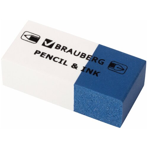 Ластик Brauberg Pencil&Ink (39х18х12мм, для ручки и карандаша, бело-синий) 36шт. (229578)