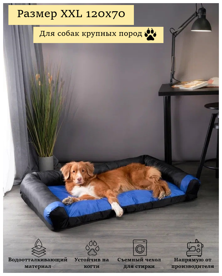 Диван-лежак антивандальный для собак очень крупных пород 120*70см Blue / black - фотография № 1