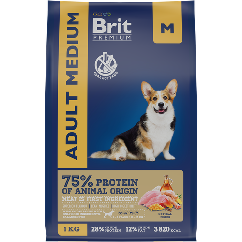 Полнорационный сухой корм премиум-класса Brit Premium Dog Adult Medium с курицей для взрослых собак средних пород (10–25 кг), 1 кг