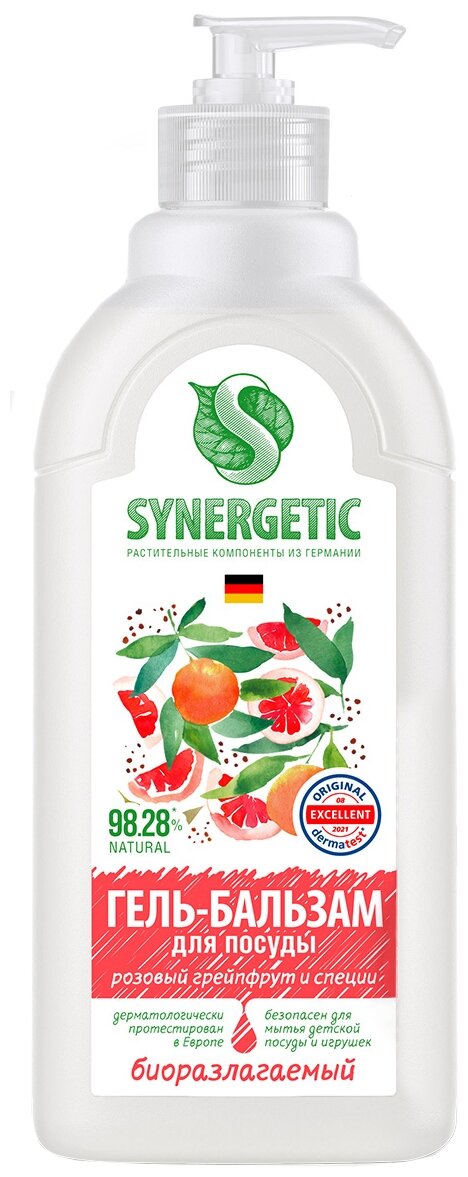 Synergetic Биоразлагаемый гель-бальзам для мытья посуды и детских игрушек Розовый грейпфрут и специи с дозатором, 0.5 л