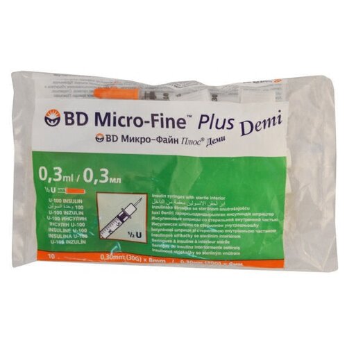 Шприц инсулиновый BD Micro-Fine Plus Demi U-100 трехкомпонентный, 8 мм x 0.3 мм, размер: 30G, 0.3 мл, 10 шт.
